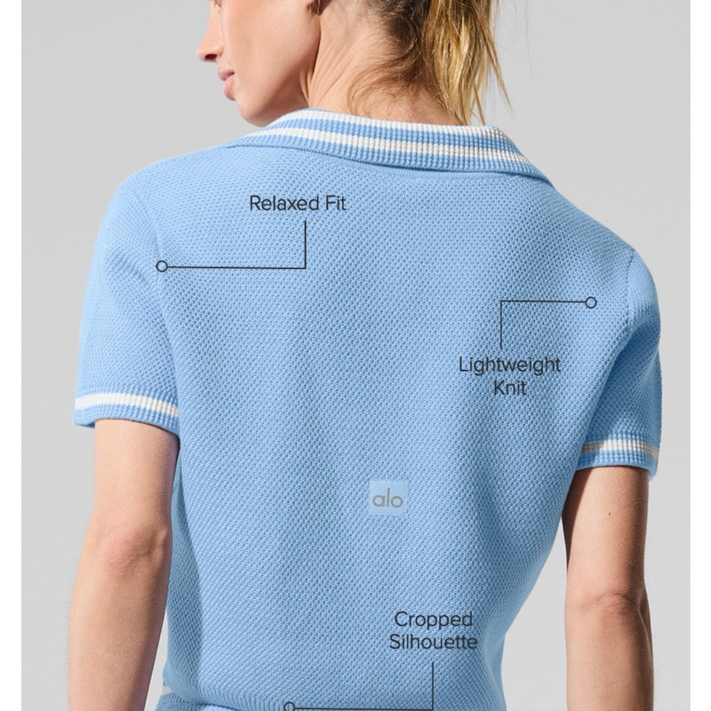 ALO Tennis Club Sweater Knit Cropped Polo - Seashell Blue/White NWT! 🐚 - Picture 7 of 11